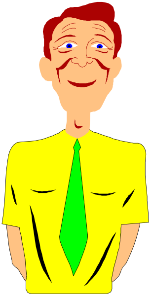 The image shows a cartoon of an older man with gray hair wearing glasses standing next to another figure that appears to be a younger person in yellow attire; both figures have green ties on their necks.