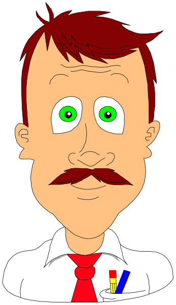 The image shows a cartoon of an adult male with exaggerated facial features such as large eyes and eyebrows, wearing glasses, holding what appears to be a pen in his hand while standing against a black background that has some white text on it; he is dressed casually with no tie or visible shirt.