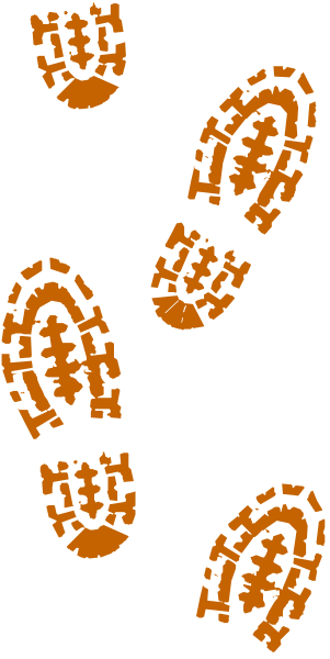 The image shows a black silhouette of footprints on top of an orange floor plan with various rooms labeled by numbers 1 through 6 in white text against a gray background. There is no action depicted, and there are no objects other than those related to room numbering or the layout itself. No people or animals can be discerned from this image as it only contains footprints without any human figures present within them. The setting appears to represent an indoor space with multiple rooms connected by pathways indicated by lines between numbers 1 and 6, suggesting a floor plan of a house