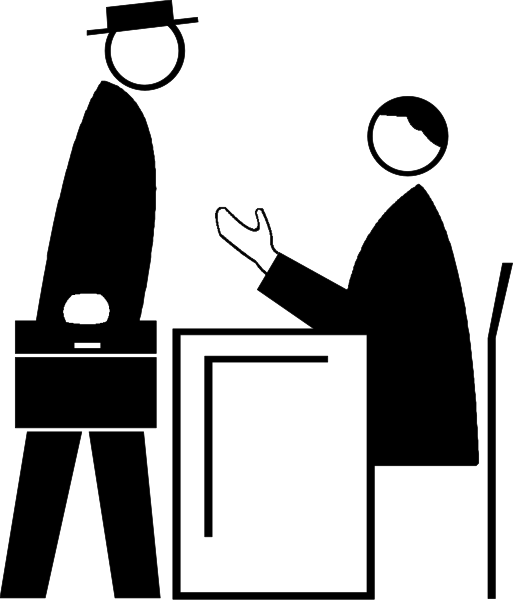 The black and white image shows a simple scene with two doors on either side of an open door frame at bottom center; above each door is a small icon resembling a person's head in profile view, suggesting that there might be people inside but not visible from this angle or perspective.