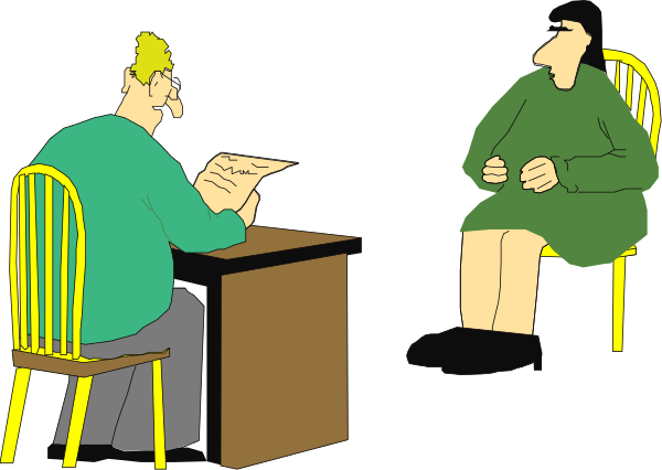 The illustration shows a man sitting at an office desk with papers on it while another person is standing next to him holding what appears to be a clipboard; both individuals seem engaged in conversation as suggested by their body language and facial expressions, which convey attentiveness or interest.