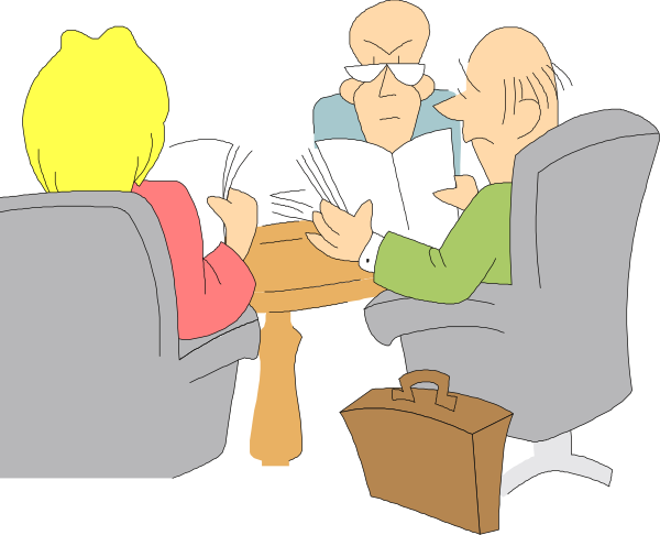 The illustration depicts three animated characters sitting around a table with papers on it; two of them appear to be reading while one is holding an open booklet in their hands. They seem engaged in discussion as suggested by gestures and facial expressions, set against a simple background that includes what looks like office furniture such as chairs and desks.