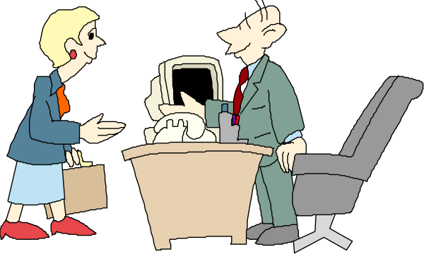 The cartoon shows a man standing next to an office desk with papers on it while talking to another person who is sitting in front of him; there's also a woman holding bags near them both, suggesting she might be arriving for work or leaving after completing tasks at her cubicle.