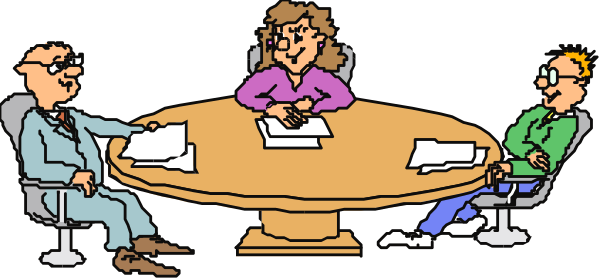The cartoon depicts a group of four animated characters sitting around an oval table with papers on it; two men in suits facing each other across from one another while seated at opposite ends of the table, flanked by two women who appear to be listening attentively and taking notes or reviewing documents.
