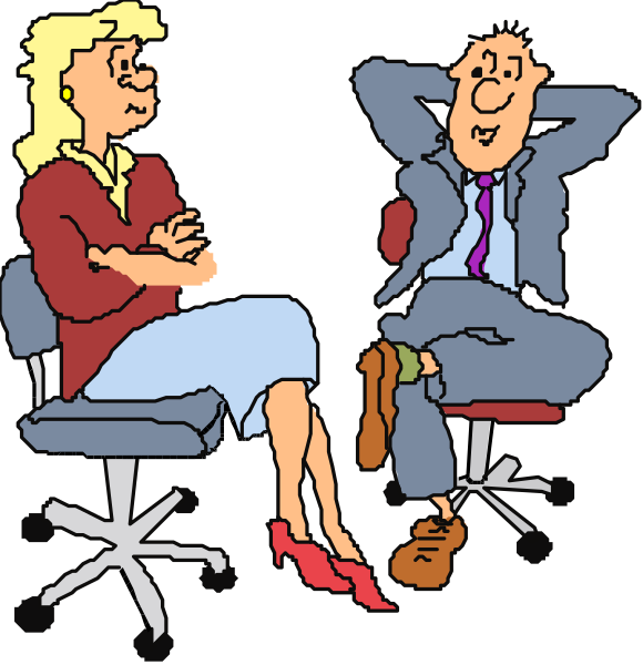 The images show a man sitting on an office chair with his feet up while talking to another person who is standing nearby; both characters appear relaxed in their business attire within what looks like an office environment.