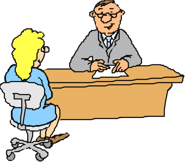 The cartoon depicts a man sitting at an office desk with two women standing on either side of him; he is signing papers while looking up from his chair to address them.