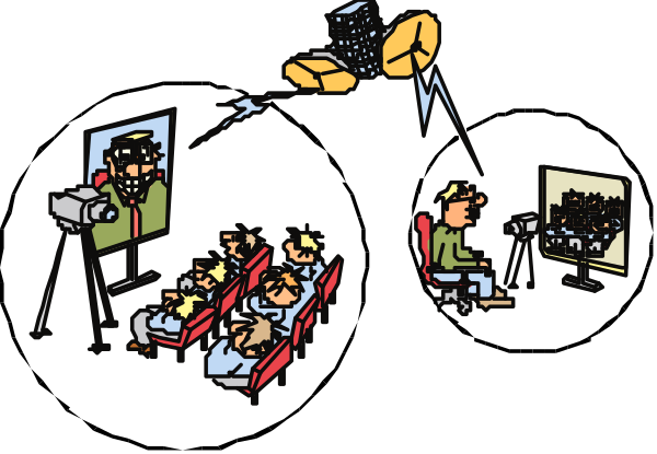 The image depicts a cartoon scene with various characters engaged in different activities: there's an adult sitting on a chair watching television; two children playing video games at another screen nearby; three people seated around what appears to be a conference table, possibly discussing or presenting something as indicated by the presence of presentation materials and one person holding up their hand; above them is a satellite dish with antennas pointing towards it. The setting seems like an indoor space designed for multimedia activities such as presentations, gaming sessions, or video conferences.