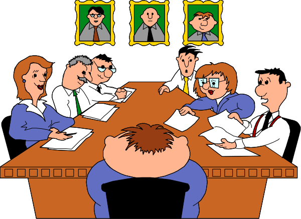 The cartoon depicts a group of six animated characters sitting around an oval table with papers on it; two individuals appear to be speaking while others listen attentively in what looks like a conference room environment, suggesting a formal meeting setting.