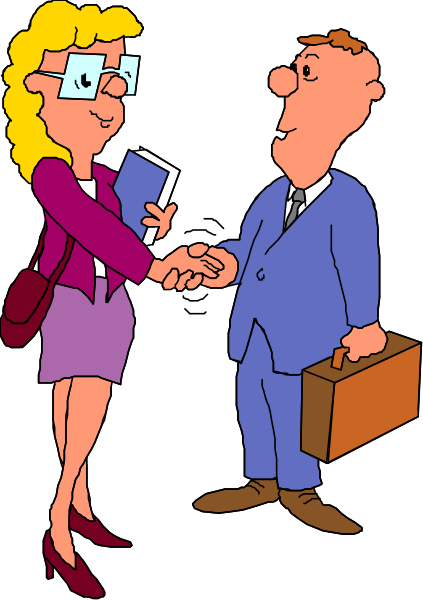 The cartoon shows a man shaking hands with a woman who has glasses on her head; both individuals appear to be professionals in business attire standing next to each other against a dark background.