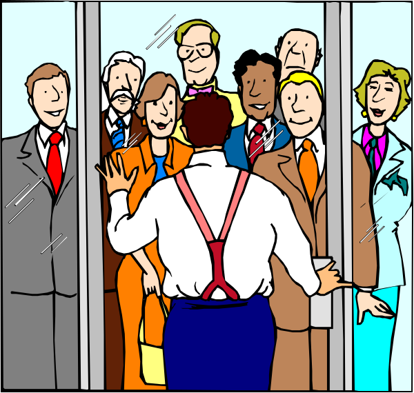 The cartoon depicts a group of business professionals standing inside an elevator with their backs to us; we see only from behind as one person is about to exit through open doors while another appears ready for entry.