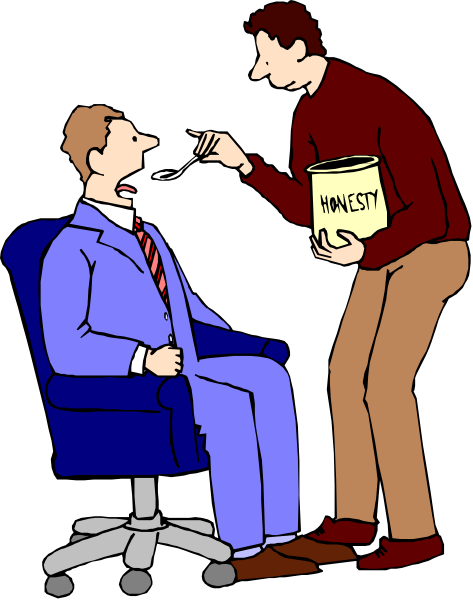 The cartoon shows a man feeding another man who appears to be asleep on an office chair with his eyes closed while holding out a spoonful of food from a can labeled "honesty."