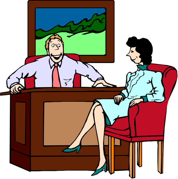 The illustration shows a man sitting at an office desk with his arms crossed over each other while talking to another person who is seated in front of him on a chair; both individuals appear engaged in conversation.