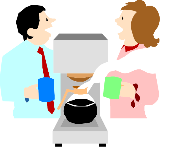 The illustration shows a man and woman standing next to each other with coffee cups; between them is an electric stove top oven where food appears to be cooking on one burner while steam rises from another. They seem surprised by something happening in front of them, which could possibly involve the smoke or heat coming off the stovetop.