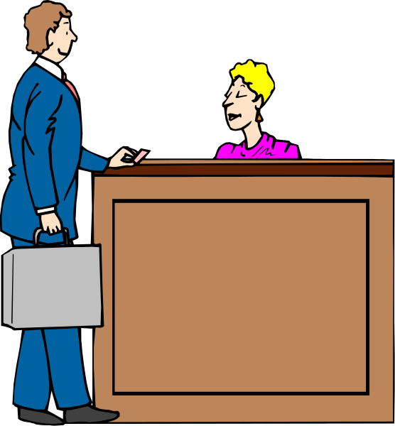 The illustration depicts a man standing at an office counter with his hand on it while talking to another person who is seated behind him in front of what appears to be a computer screen.