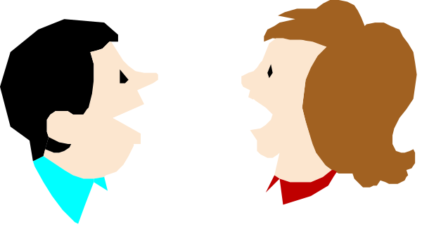 The image shows a cartoon of two animated characters who appear to be engaged in conversation; both have exaggerated facial expressions with one character looking surprised while another looks concerned. They seem to be standing close together against an indistinct background, and there is no text present within this small clip-art style illustration.
