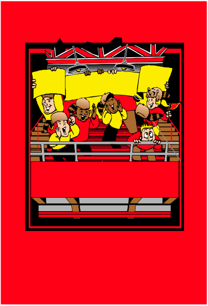 The image shows a red sign with an illustration of three men on it; two appear to be cheering while another is holding up his hand as if in protest or disagreement.
