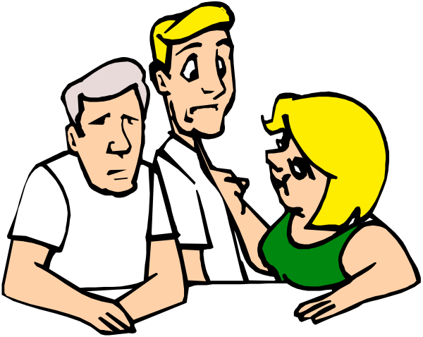 The image shows a cartoon of three animated characters sitting at a table with their backs to each other; two men appear surprised while one woman looks onwardly from behind them.