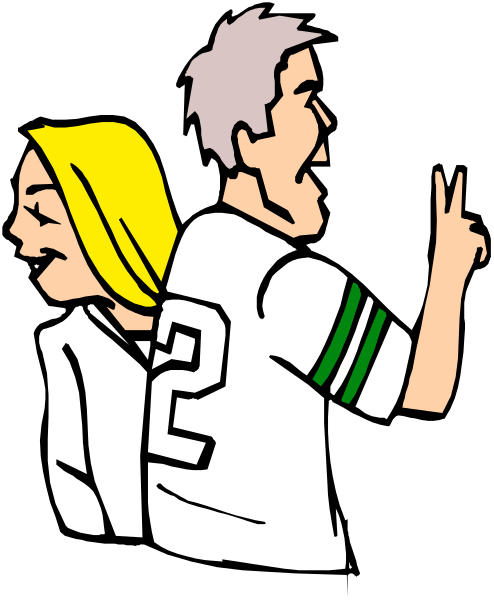 The image shows a cartoon of two individuals standing side by side with their backs to each other; both have number 2 on them indicating jersey numbers, suggesting sports context. They appear to be in an indoor environment and one person is pointing towards something off-frame while smiling at the camera. There are no visible texts or additional details that provide more information about this scene. The style of art suggests it could be a clip from a cartoon show featuring characters with exaggerated features, typical for animated series.