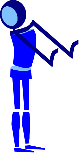 The image shows a pixelated blue figure standing against a gray background with its arms outstretched as if playing an instrument; it is positioned in front of what appears to be another similar figure that seems to have been cut off from view, suggesting this might be part of a larger scene or sequence where the figures are interacting.