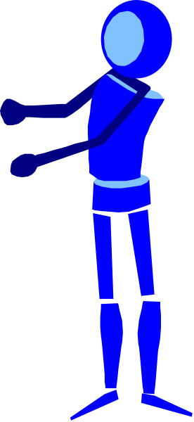 The image shows a blue silhouette of an animated character standing against a gray background with their arms outstretched to either side.