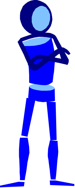 The image shows a blue silhouette of an animated character standing against a gray background with their arms crossed over their chest in front view.