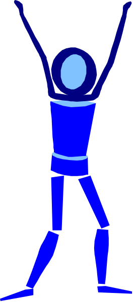 The image shows a blue silhouette of an animated character with arms raised high against a gray background on what appears to be a digital display screen.