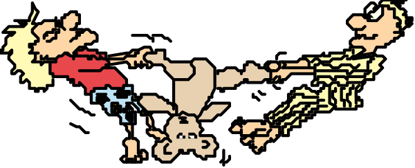 The image shows a black and white cartoon of three characters: two humans standing upright with their arms outstretched as if in greeting or celebration, one human lying on its back seemingly asleep or relaxed between them, all set against an indistinct background that does not provide any additional context about the setting.