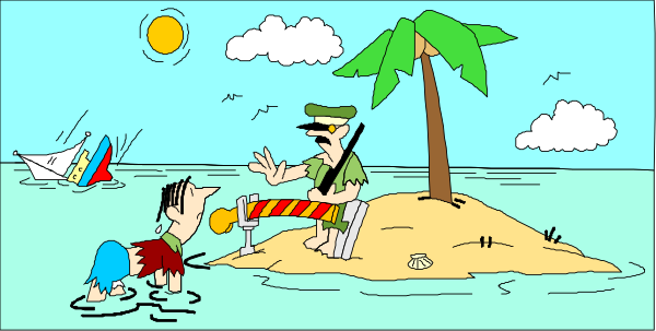 The image shows a cartoon depiction of two men on an island with palm trees; there is also another man swimming in water nearby while holding onto his surfboard.