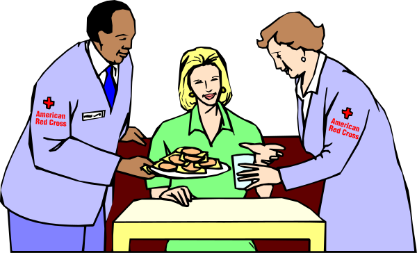 The illustration depicts a scene with three individuals: two men wearing white coats standing on either side of an American Red Cross nurse who is handing food to another person seated at a table in what appears to be a cafeteria setting, suggesting that this might represent healthcare workers providing meals during their break or shift.