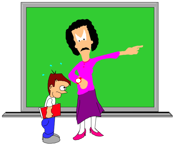 The cartoon shows a classroom scene with an animated character pointing to something on the chalkboard while another stands nearby holding what appears to be a book; in front of them is a small child who seems surprised, and there's also a teacher figure standing behind the first two characters at the back.