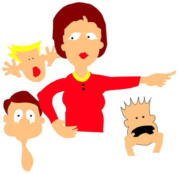 The image shows a cartoon of an animated woman with her arms outstretched pointing at three children who appear surprised by something she's saying; there is no background detail provided in this clip-art illustration, focusing on character expressions and gestures.