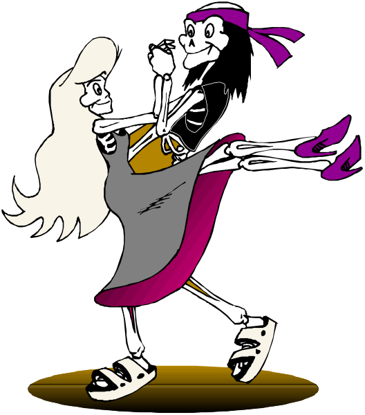 The cartoon depicts a skeleton couple dancing with each other; both characters have exaggerated features typical of animated styles such as large eyes and stylized clothing.