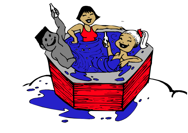 The black and white illustration shows a cartoon of two children playing with water inside an inflatable pool on what appears to be a dark background; one child is standing in the tub while another sits atop it, both appear happy as if enjoying themselves during playtime.