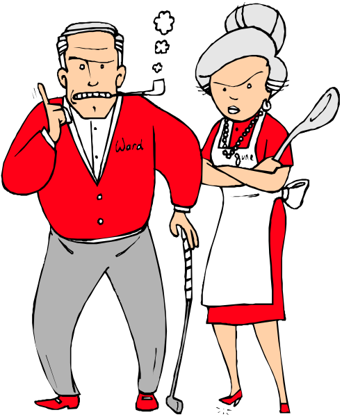 The cartoon depicts a man with an exaggerated mustache holding up his finger as if to make a point while standing next to another person who is wearing red clothing that says "word" on it.