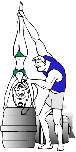 The black and white illustration shows a man hanging from his ankles above two barrels with another person standing on top of one of them; both individuals appear to be in mid-air against a dark background, suggesting some form of acrobatic performance or stunt being performed by the suspended individual.
