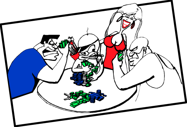 The black and white cartoon shows a group of four animated characters playing poker around a table with chips; two men on left side appear to be in conversation while one man is holding cards over his shoulder as if showing them, another character seems surprised at something happening off-screen, all are depicted from the waist up.