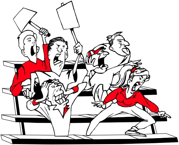 The black and white illustration depicts a group of animated characters engaged in what appears to be an intense moment at a boxing match. There is one character who seems distressed while another looks triumphant; two other figures hold signs, possibly indicating their support for different fighters or causes.