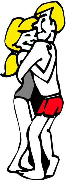 The black and white illustration shows two cartoon figures hugging each other from behind; both characters appear to be wearing swimsuits with red bottoms.