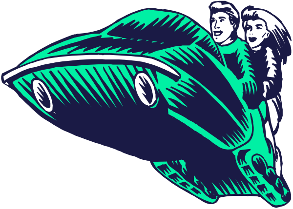 The image shows a cartoon of two characters riding on top of an alien spacecraft with large eyes that is flying through outer space.
