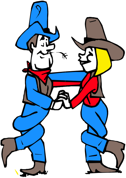 The black and white illustration shows two cartoon cowboys dancing together with their arms around each other's waists; one is wearing a red bandana while holding onto his partner who has no visible accessories, set against an unadorned background that does not provide any additional context or setting.