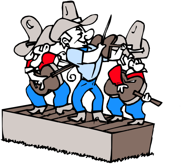 The black and white cartoon depicts a group of four cowboys playing musical instruments on stage: three play stringed instruments (guitar, fiddle) while one plays an accordion; all wear hats with badges pinned to them, suggesting law enforcement or ranger roles.