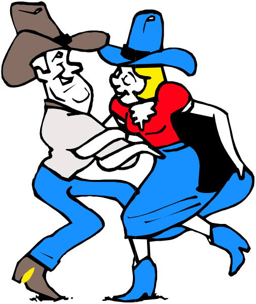 The black and white cartoon depicts a man wearing cowboy attire dancing with an animated woman who is also dressed in western clothing; both characters appear to be engaged in a lively dance move while standing on what looks like a stage, as indicated by their exaggerated poses and the spotlight effect around them.