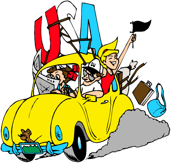 The illustration depicts a cartoon of an old yellow car with four passengers inside: two adults sitting up front who appear to be driving, one adult in the backseat waving their hand out the window and another standing on top right side of the vehicle holding onto it as if they are enjoying themselves. They seem to have just finished loading or unloading luggage from a roof rack that is overflowing with suitcases. The car has an American flag painted across its hood, suggesting patriotism for their country. In front and behind them on either end of the image there's