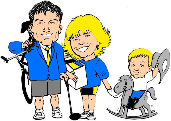 The black and white illustration shows a family of four: an adult man standing next to his wife who is holding their child; another person riding on top of what appears to be a horse-like creature with wheels, resembling a tricycle designed for adults or children; the background features two horses.