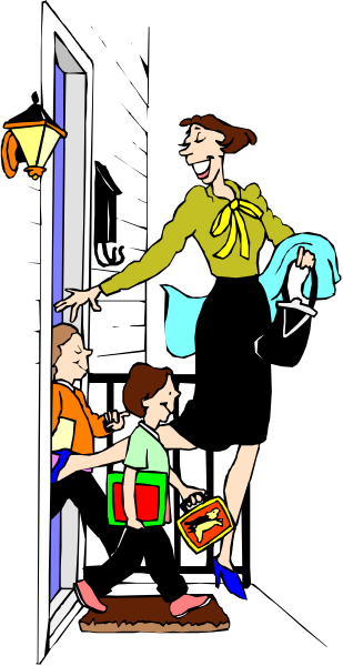 The illustration depicts a woman standing on her porch with two children at nighttime; she is holding an umbrella over them while looking out of the door towards another person who appears to be waiting outside, and there's also a cat sitting nearby in front of the house.