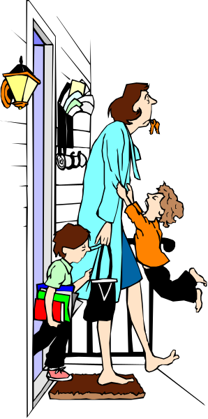 The illustration shows a family of four standing on an open porch at nighttime with various items around them; there is no text present in this image.