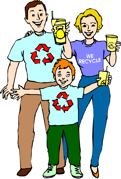The illustration depicts a family of four standing together with smiles on their faces; two adults holding cups that say "we recycle," one adult wearing an apron emblazoned with recycling symbols, and all members displaying shirts promoting environmental awareness or action. They are in front of what appears to be the Earth from space as a backdrop.
