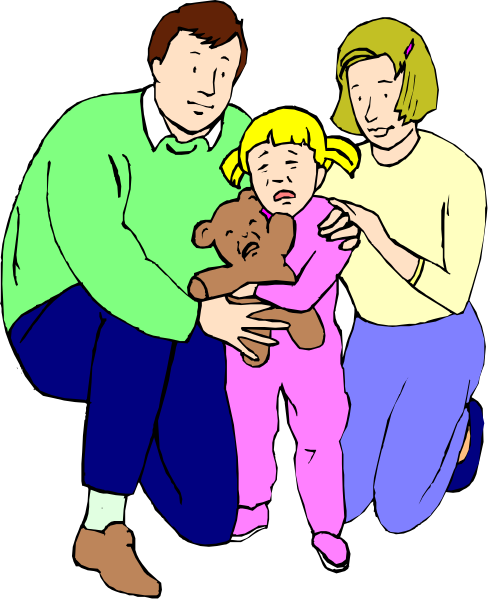 The illustration shows a family of three: an adult man standing on left side holding child; woman kneeling down with baby in her arms looking at camera; another person sitting behind them who appears to be observing scene, all depicted against plain background without any distinguishable features or setting details that provide context.