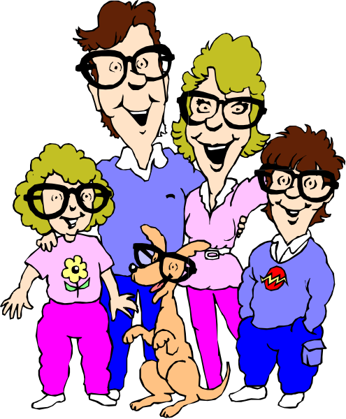 The cartoon depicts a family of four adults with glasses wearing colorful outfits standing next to each other; in front is their dog on leash looking at them all smilingly.
