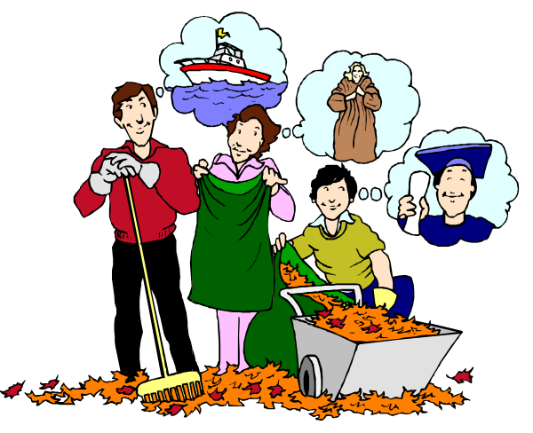 The illustration depicts a family of three standing on top of fallen leaves with thoughts bubbles above their heads containing various items such as an anchor, boat, house, person in religious attire, graduation cap and gown, cartoon character holding a fish, handbag, cupcake, pizza slice, carrot, apple pie, cake, ice cream cone, donut hole, sandwich with bite taken out of it. The father is wearing red pants and white shirt while the mother has on pink attire; they are both smiling at each other. A child in a yellow jacket stands